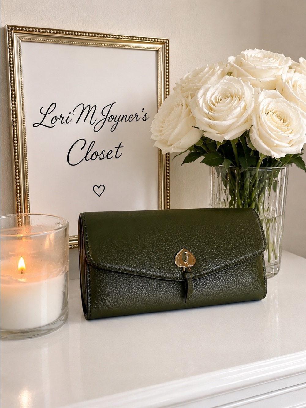 kate spade Olive Green Pebbled Leather Mini Wallet with Gold Hardware